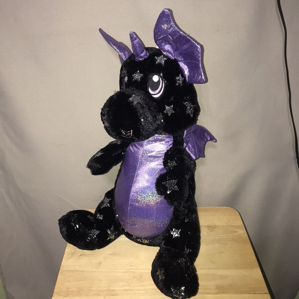 KellyToy Dragon‎ Unicorn Black Purple Shiney Silver Stars 20" Plush Stuffed Toy